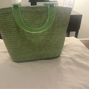 Green Woven Straw Tote Bag with Clear Handles Floral Lined Interior